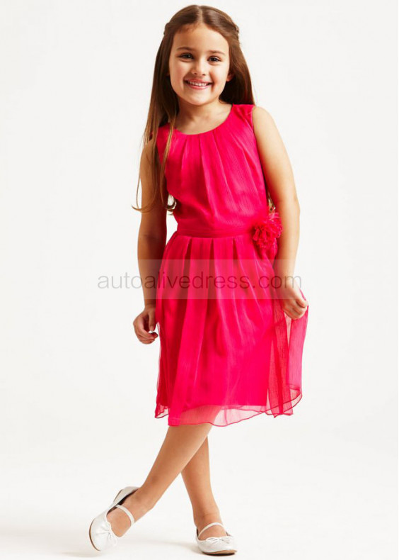 A-line Fuchsia Chiffon Knee Length Flower Girl Dress With Flower Sash